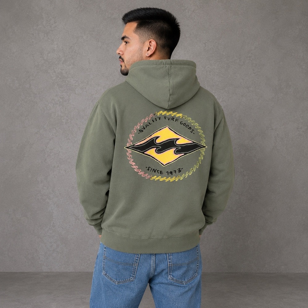 Billabong Hoodie Mens Large Green Full Zip Graphic Surf Goods Sweatshirt Casual